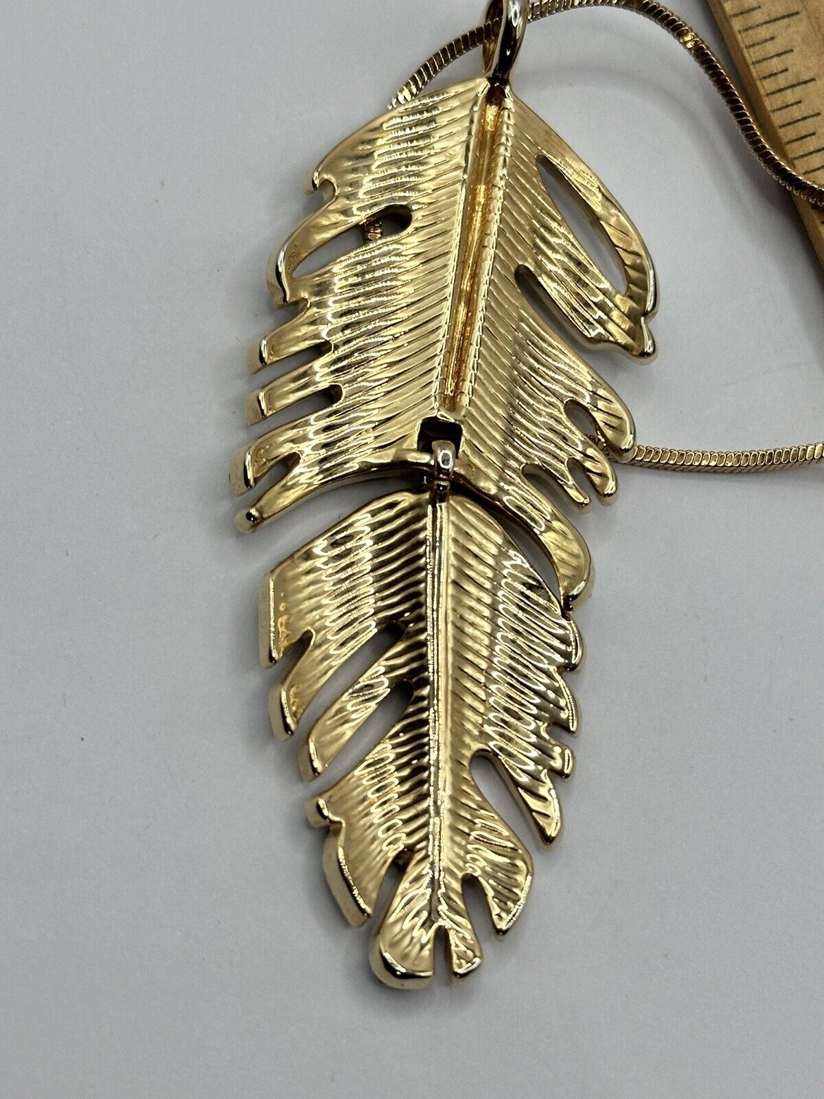 Vintage Gold Tone Diamanté Feather Pendant Necklace