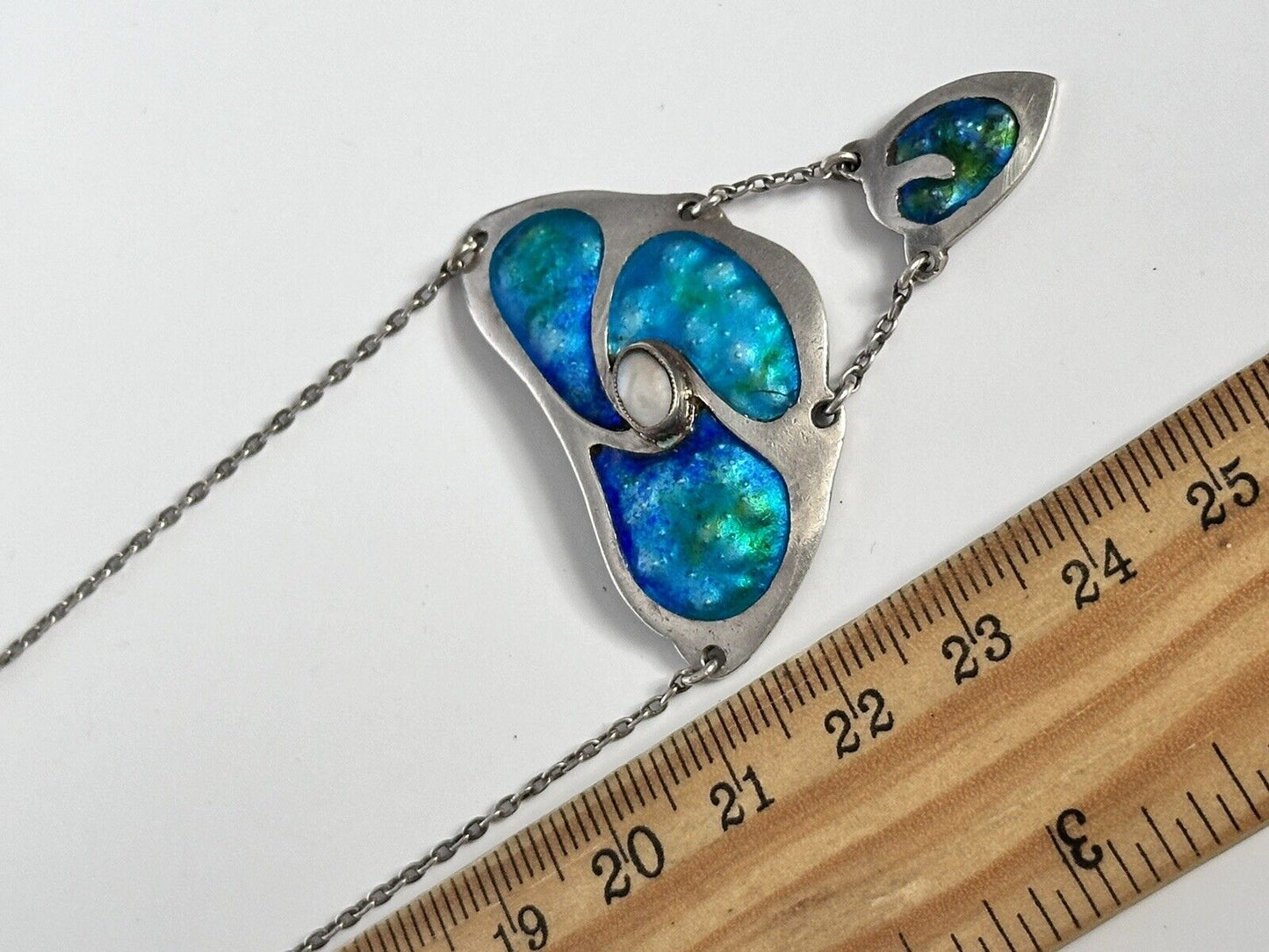 Arts & Crafts Sterling Silver Blue Green Enamel Pearl Lavaliere Necklace