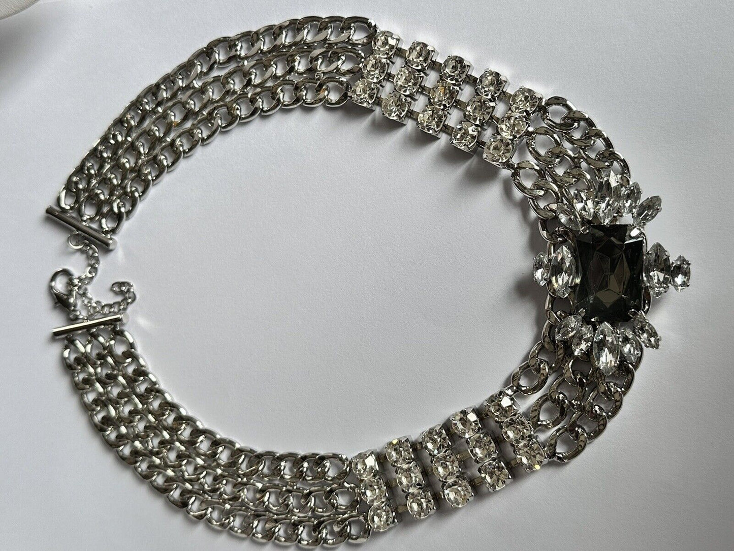 Vintage Silver Tone Chain Link Diamanté Statement Necklace