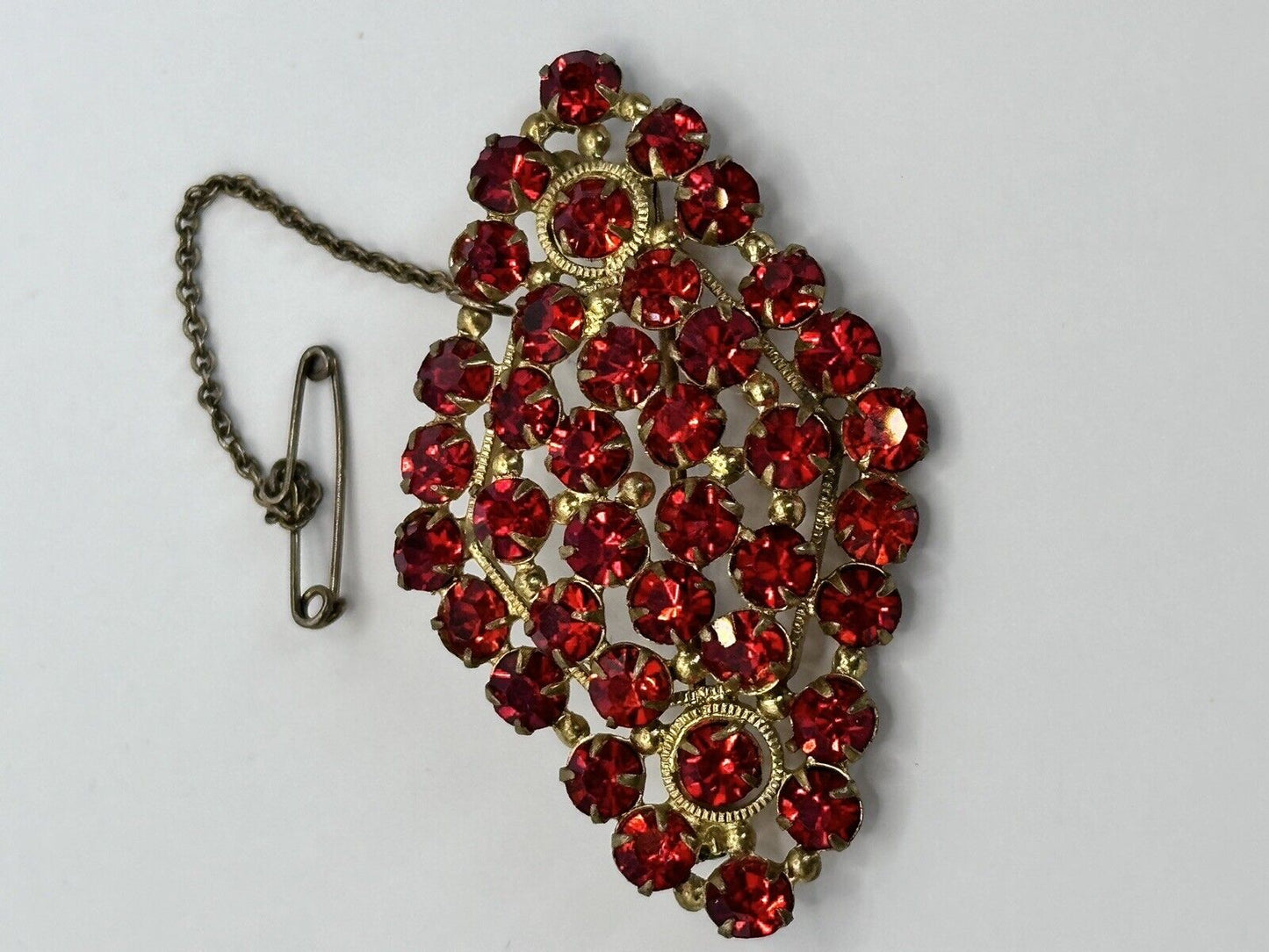 Vintage Gold Tone Red Czech Crystal Brooch Safety Chain