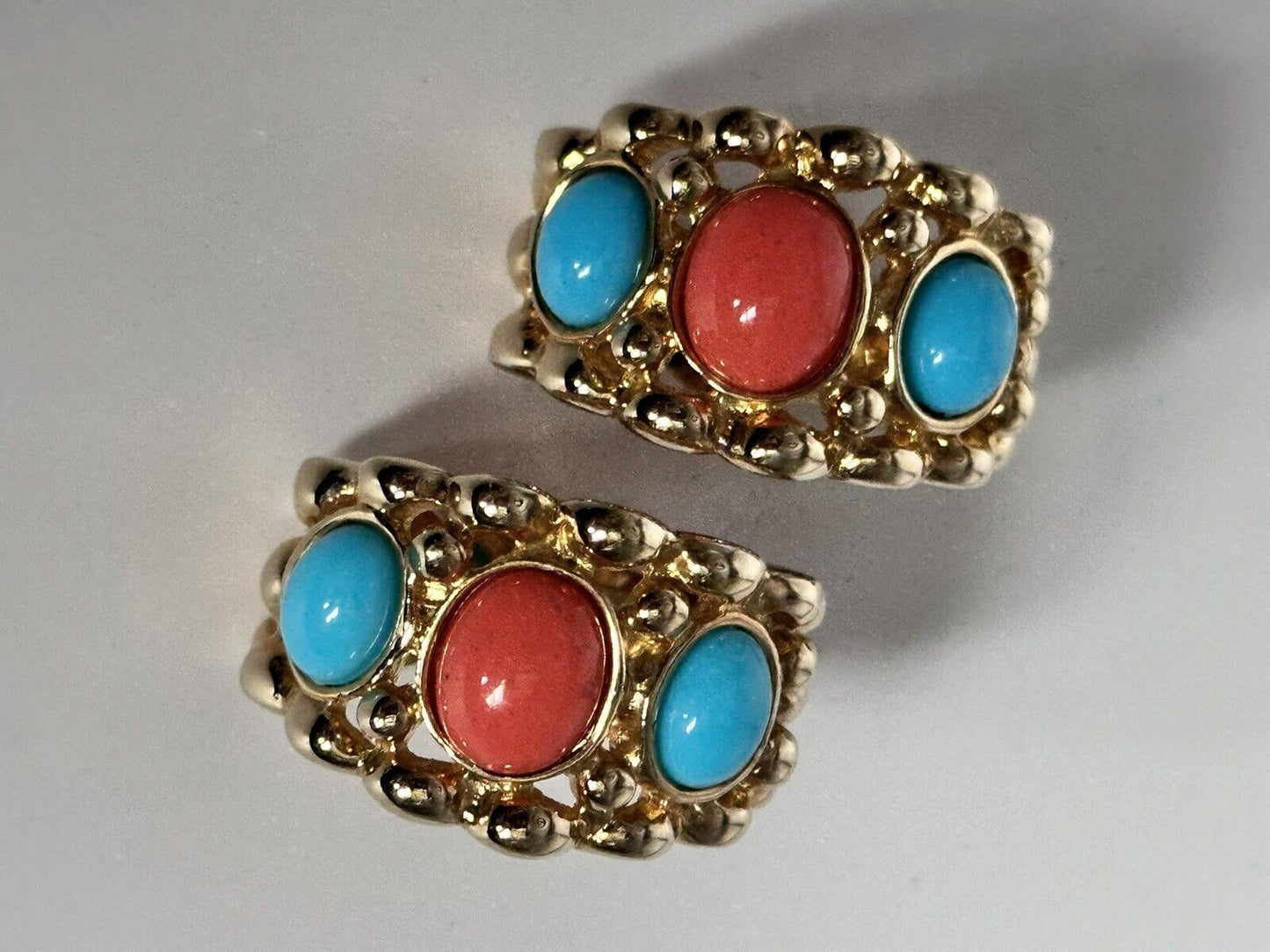 Vintage 1980s Gold Tone Coral Turquoise Coloured Clip On Earrings