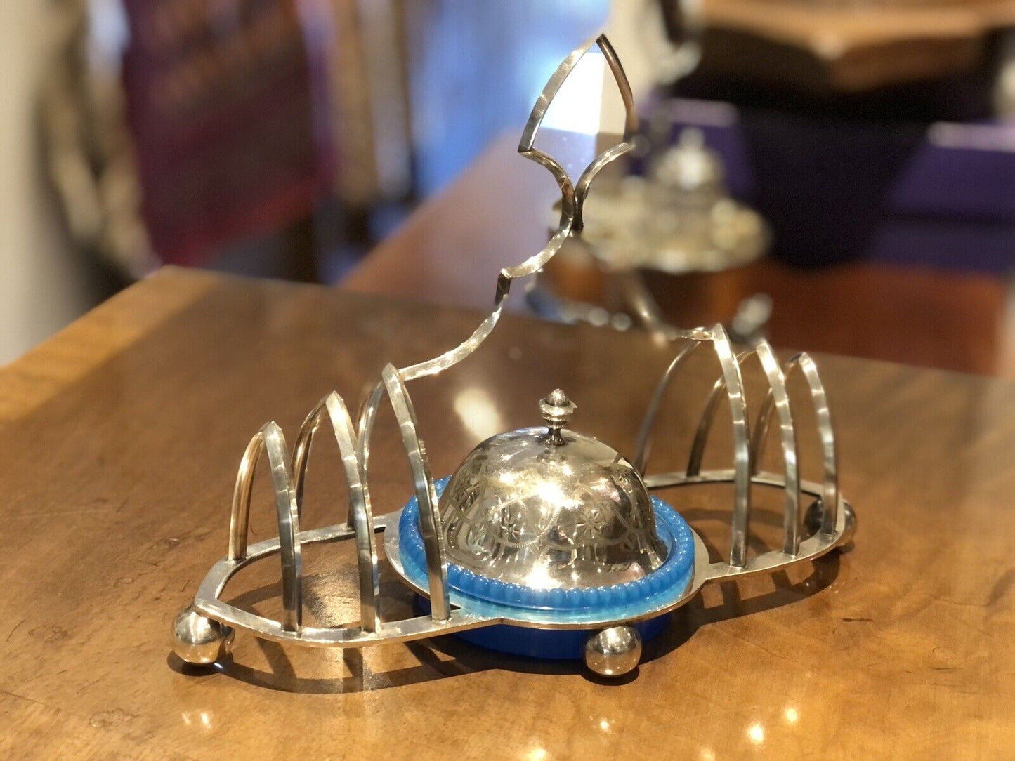 Silver Plate Toast Rack With Central Preserve Pot