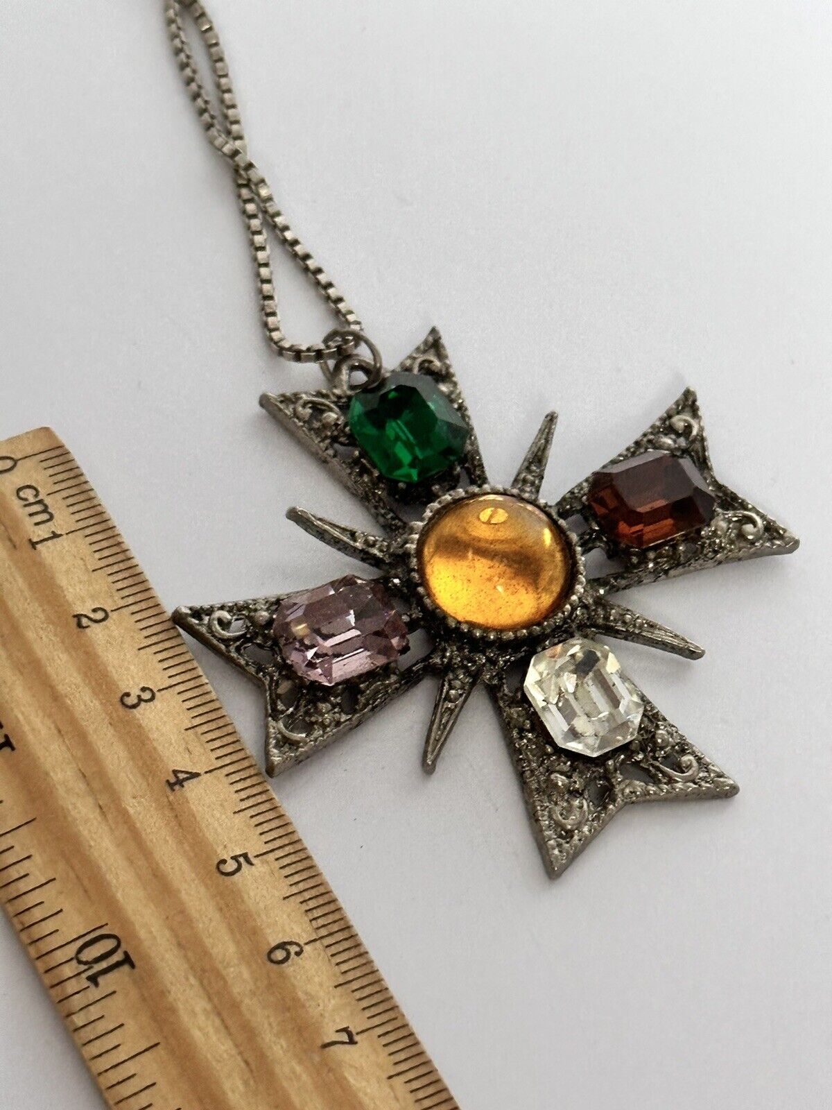 Vintage Maltese Cross Multicoloured Diamantés Pendant On Silver 925 Chain