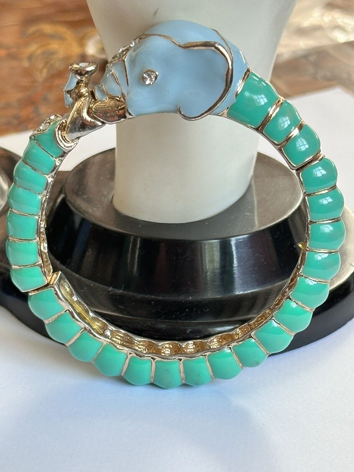 Vintage Elephant Green Enamel Diamanté Bracelet Bangle