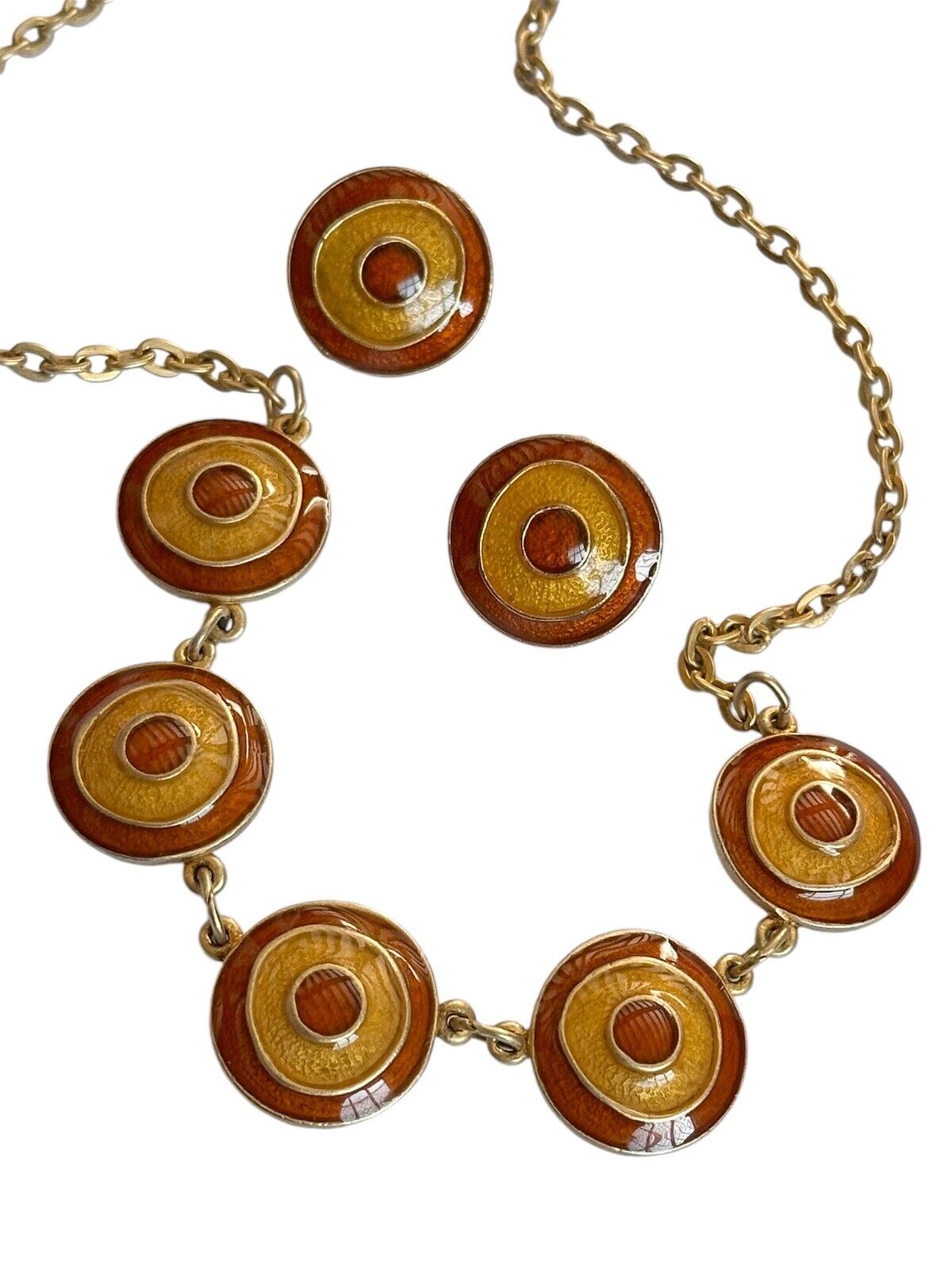 Vintage Enamel Yellow Red Necklace And Earring Set