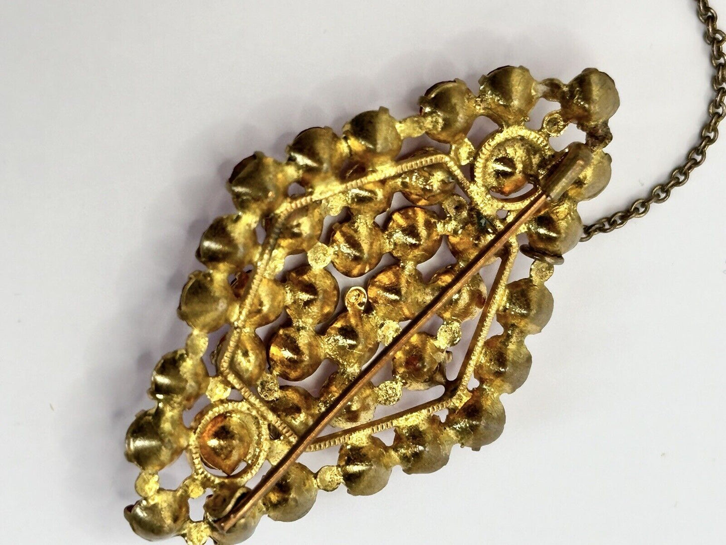 Vintage Gold Tone Red Czech Crystal Brooch Safety Chain