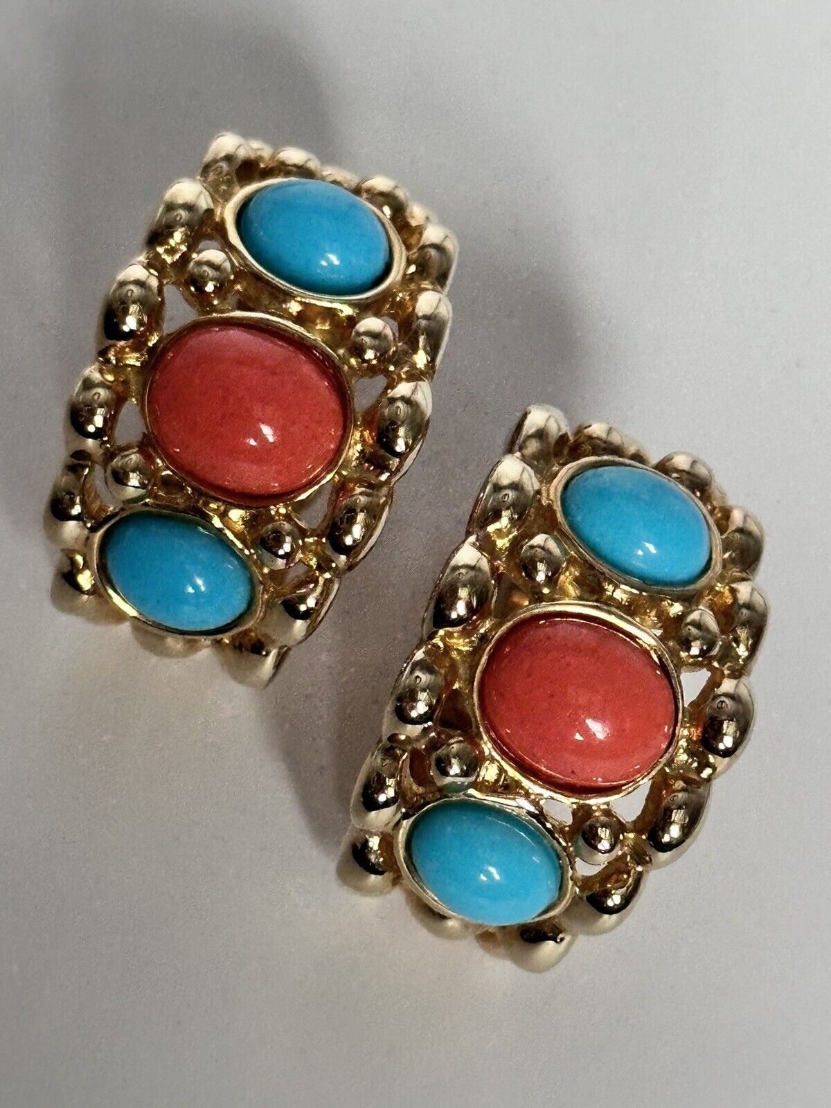 Vintage 1980s Gold Tone Coral Turquoise Coloured Clip On Earrings