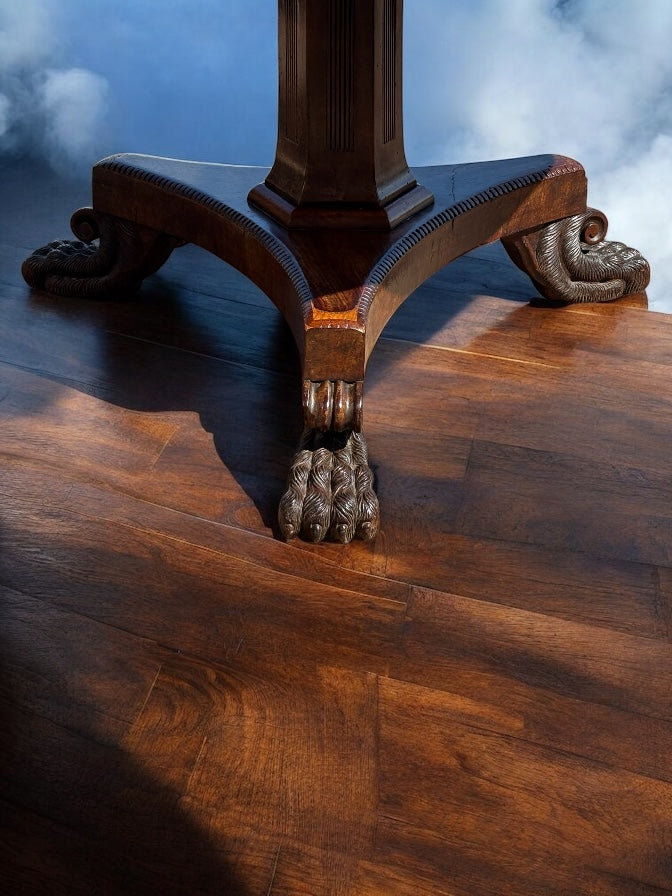 Antique Mahogany Tilt Top Dining Table & 6 Chairs, Superb Carved Base.