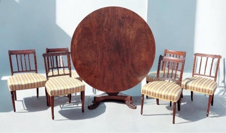 Antique Mahogany Tilt Top Dining Table & 6 Chairs, Superb Carved Base.