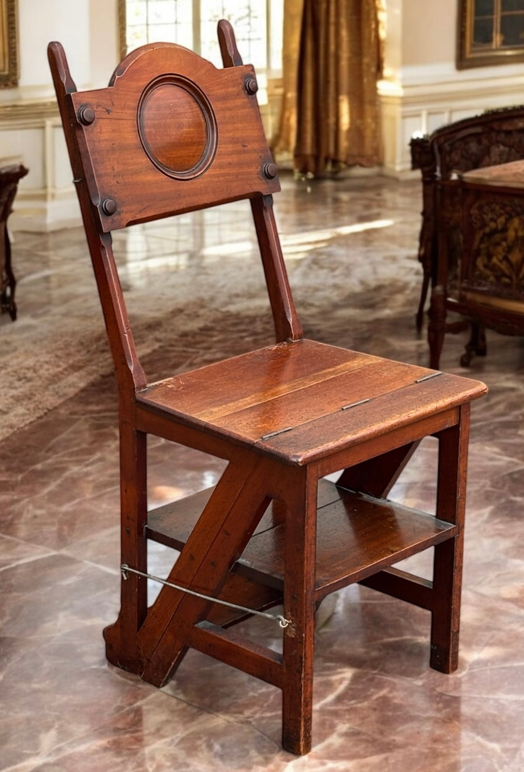Metamorphic Mahogany Chair That Folds Over Into Library Steps C.1890