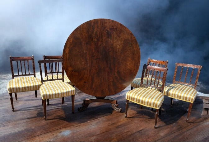 Antique Mahogany Tilt Top Dining Table & 6 Chairs, Superb Carved Base.