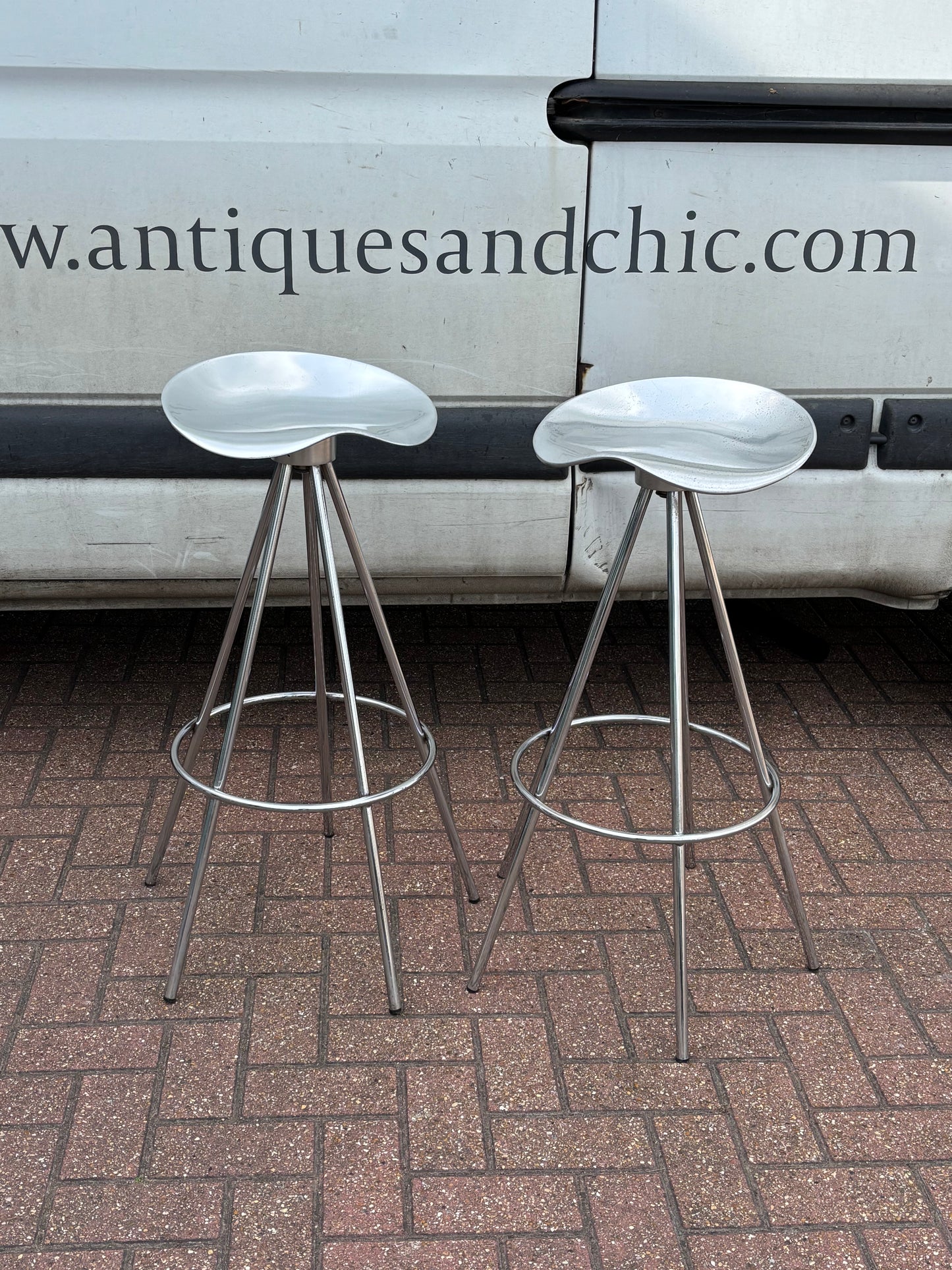 A pair of Aluminium & Chrome Jamaica Stools, design by Pepe Coates for Amat.