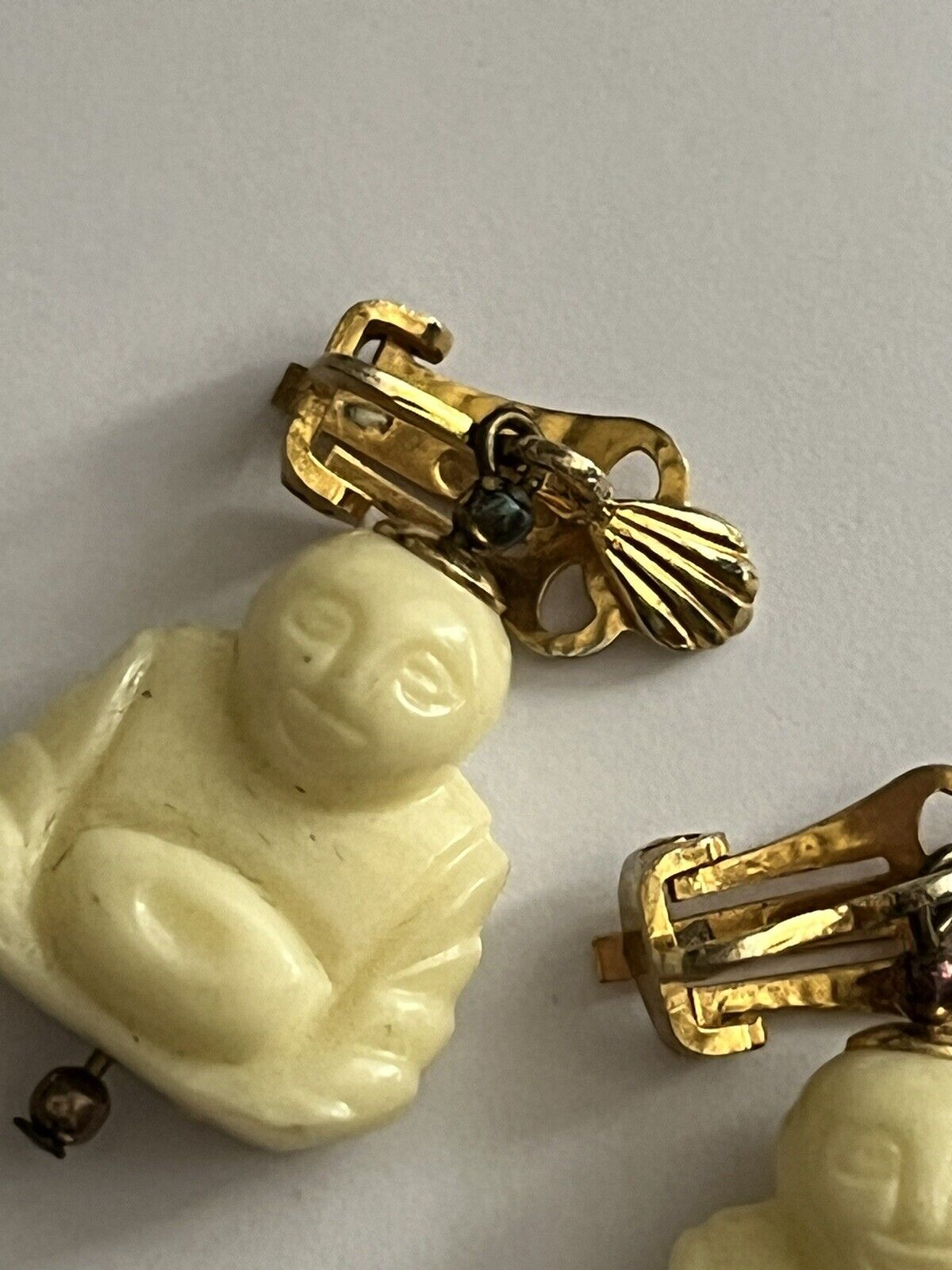 Vintage Celluloid Happy Buddha Clip on Earrings