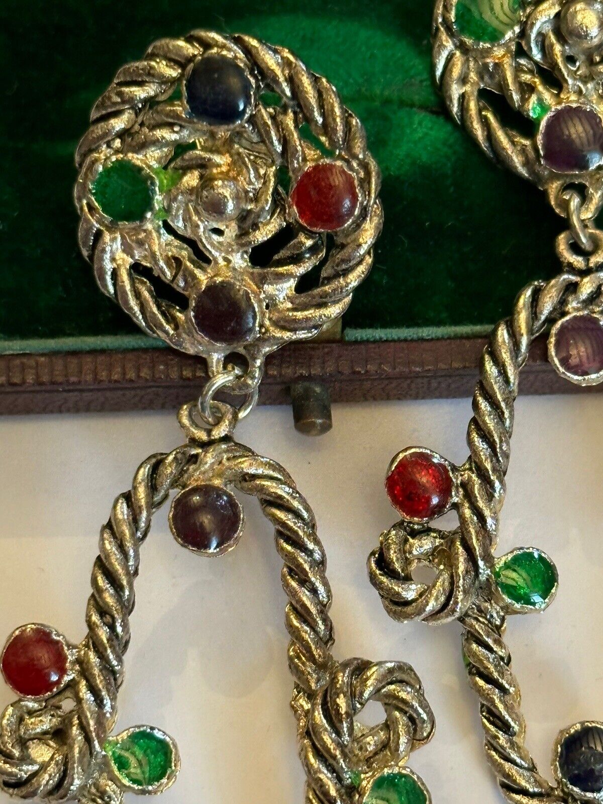 Vintage Silver Tone Statement Red Green Black Enamel Drop Earrings