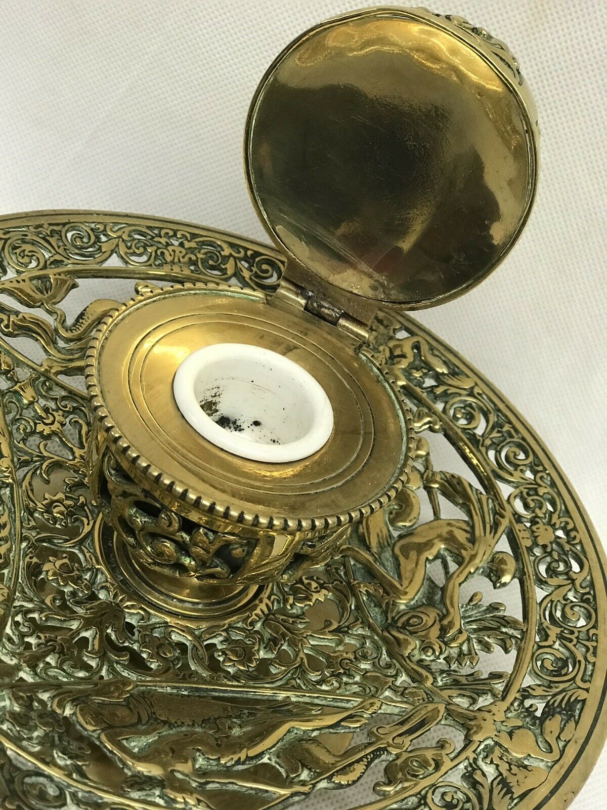 Victorian Ormolu Desk Inkwell & Pen Stand. Large & Impressive Indeed.