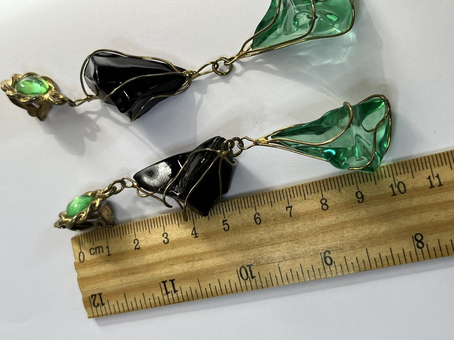 Vintage 1980s Black Green Acrylic Long Length Statement Earrings