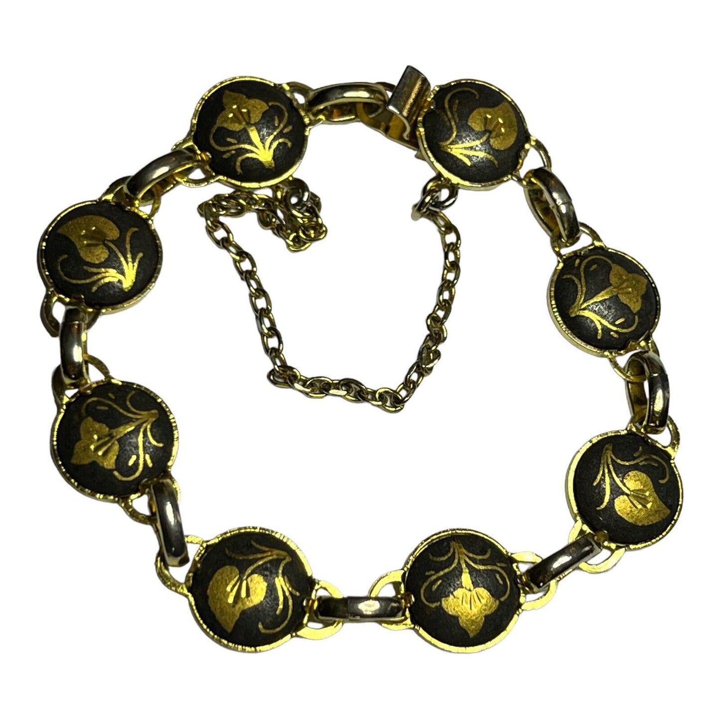 Vintage Toledo Demascene Spanish Gold Tone Leaf Bracelet Small Size