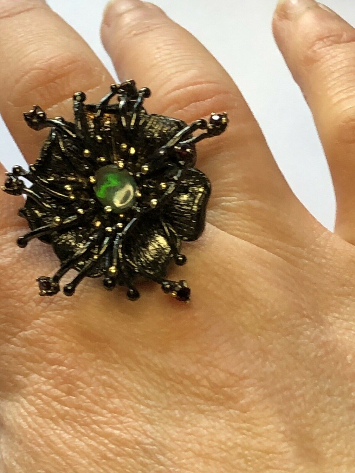 Vintage Gunmetal Silver 925 CZ and Black Opal Detailed Flower Ring Size N