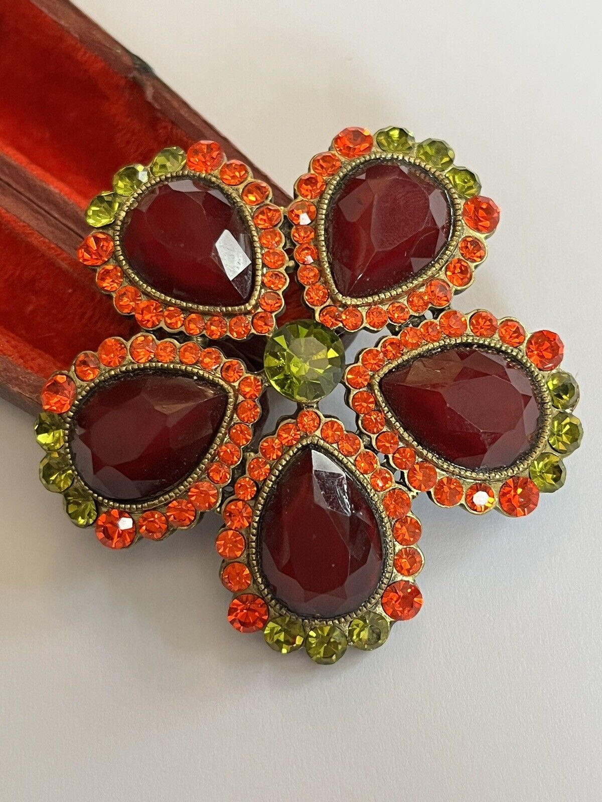 Vintage Red Green Diamanté Flower Statement Brooch
