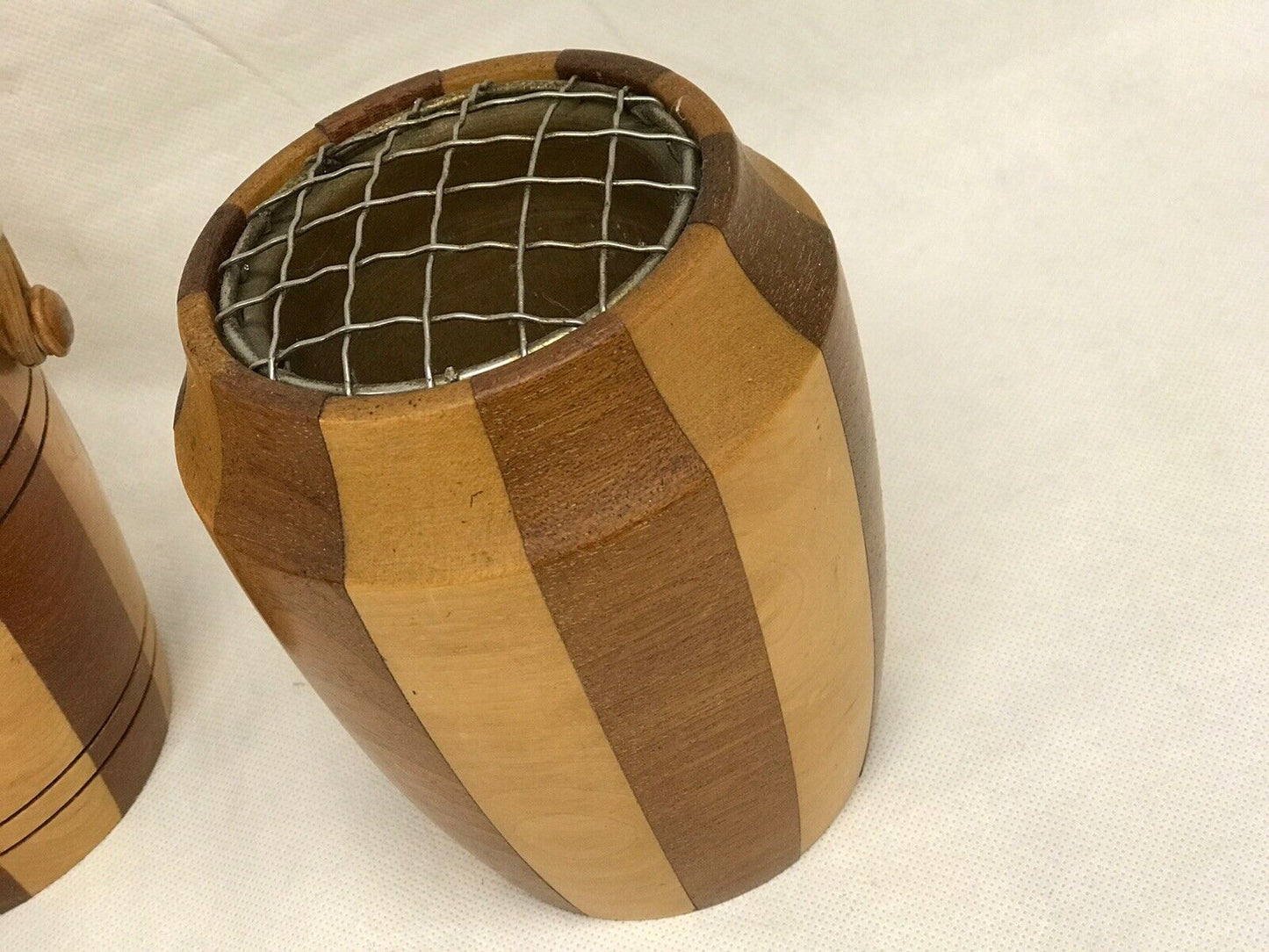 Mid Century Set Of Wooden Pots. Biscuit Barrel & 2 Posy Holders.