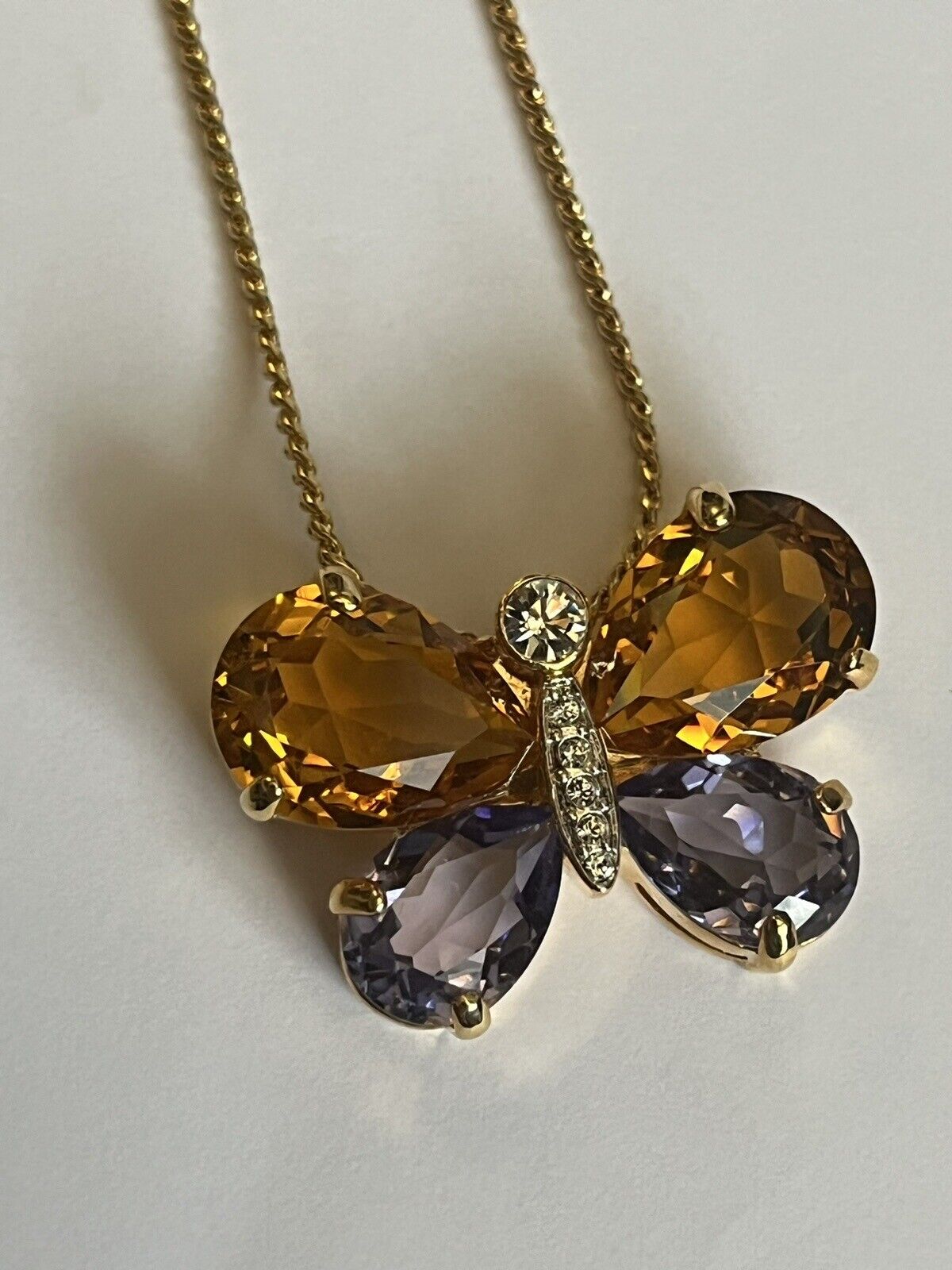 Vintage 1980s Gold Plated Crystal Butterfly Necklace New Old Stock
