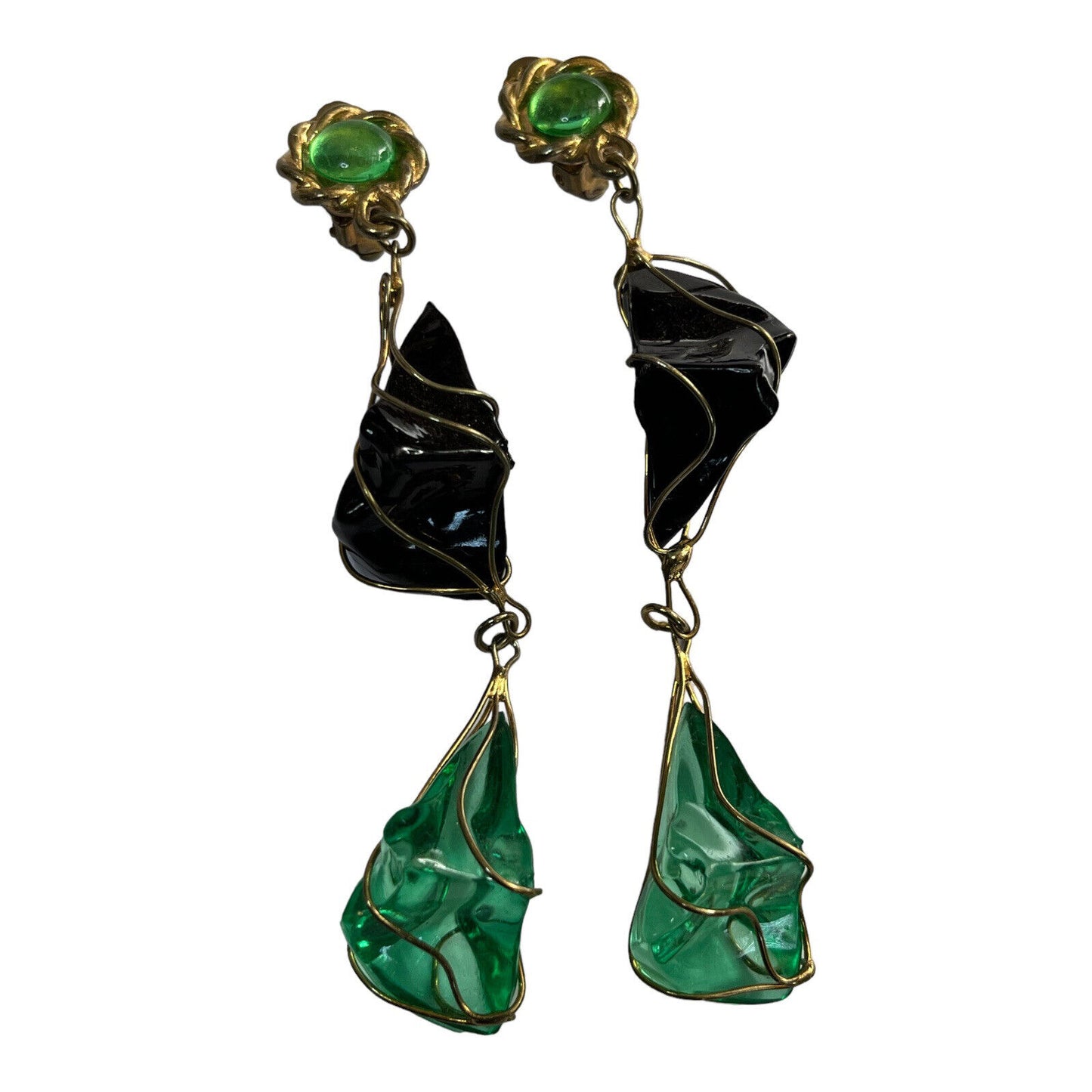 Vintage 1980s Black Green Acrylic Long Length Statement Earrings