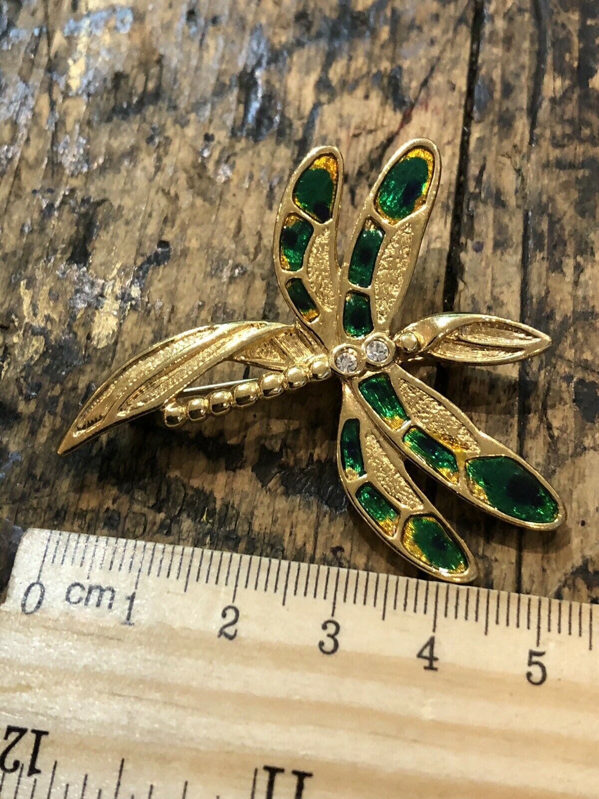 Vintage Gold Tone Diamanté Enamel Dragonfly Brooch