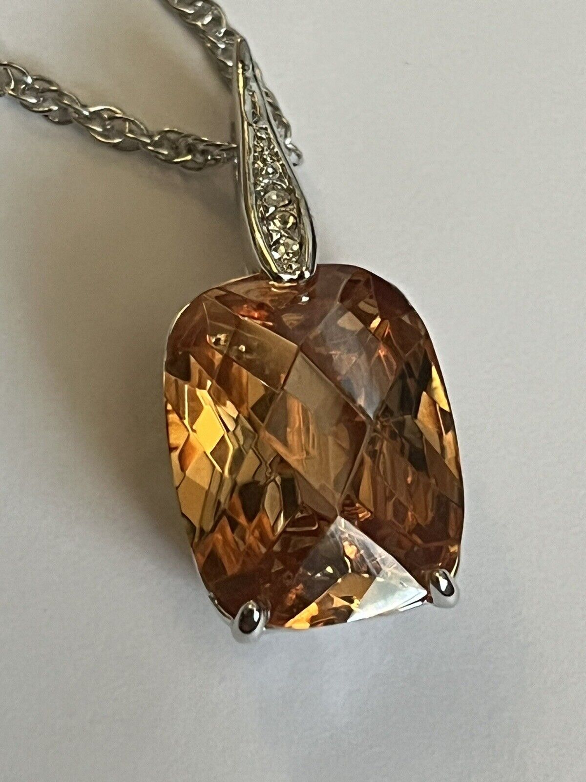 Vintage 1980s Rhodium Plated Solitaire Orange Crystal Necklace New Old Stock