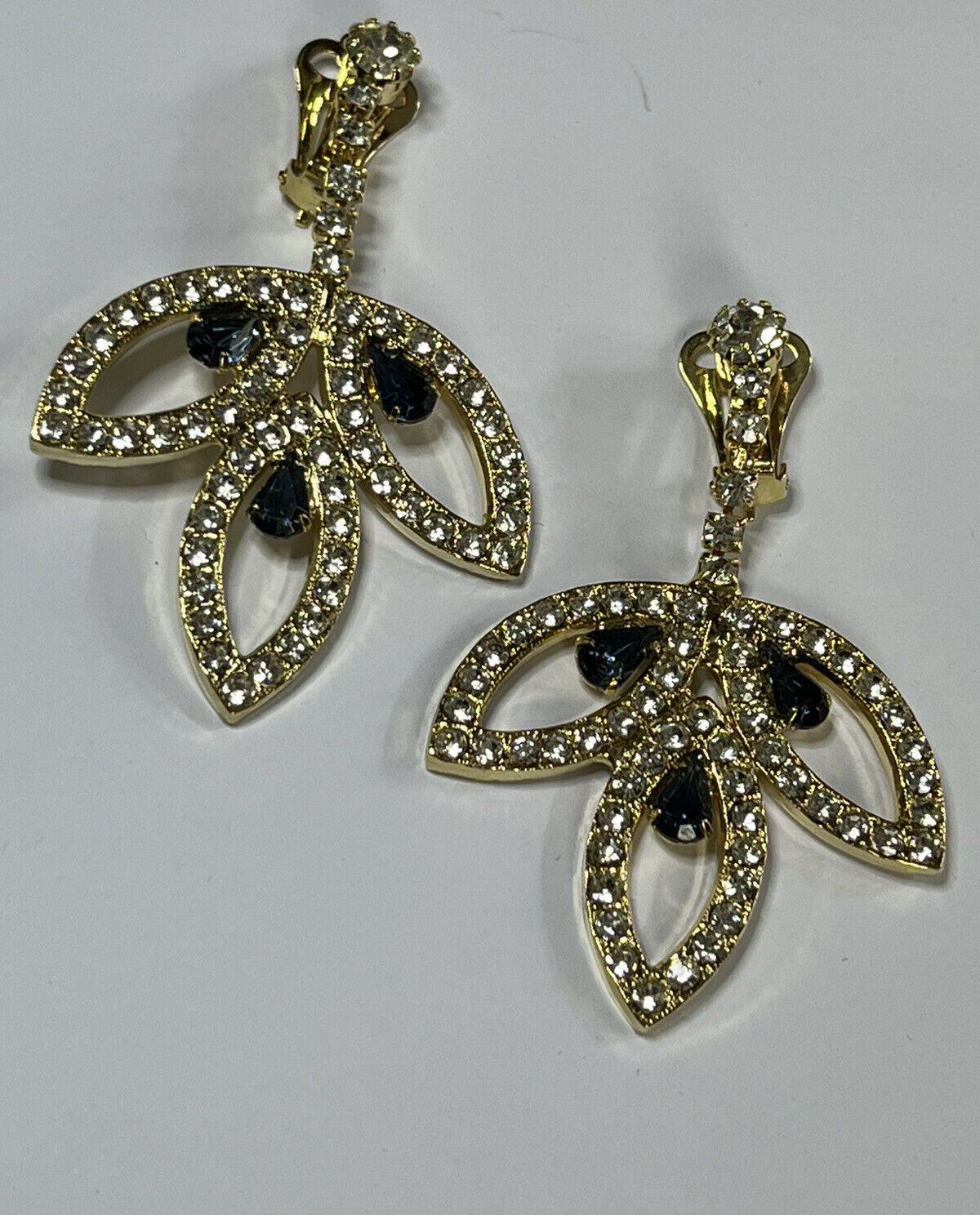 Vintage Gold Tone Blue Clear Diamanté Drop Clip On Earrings