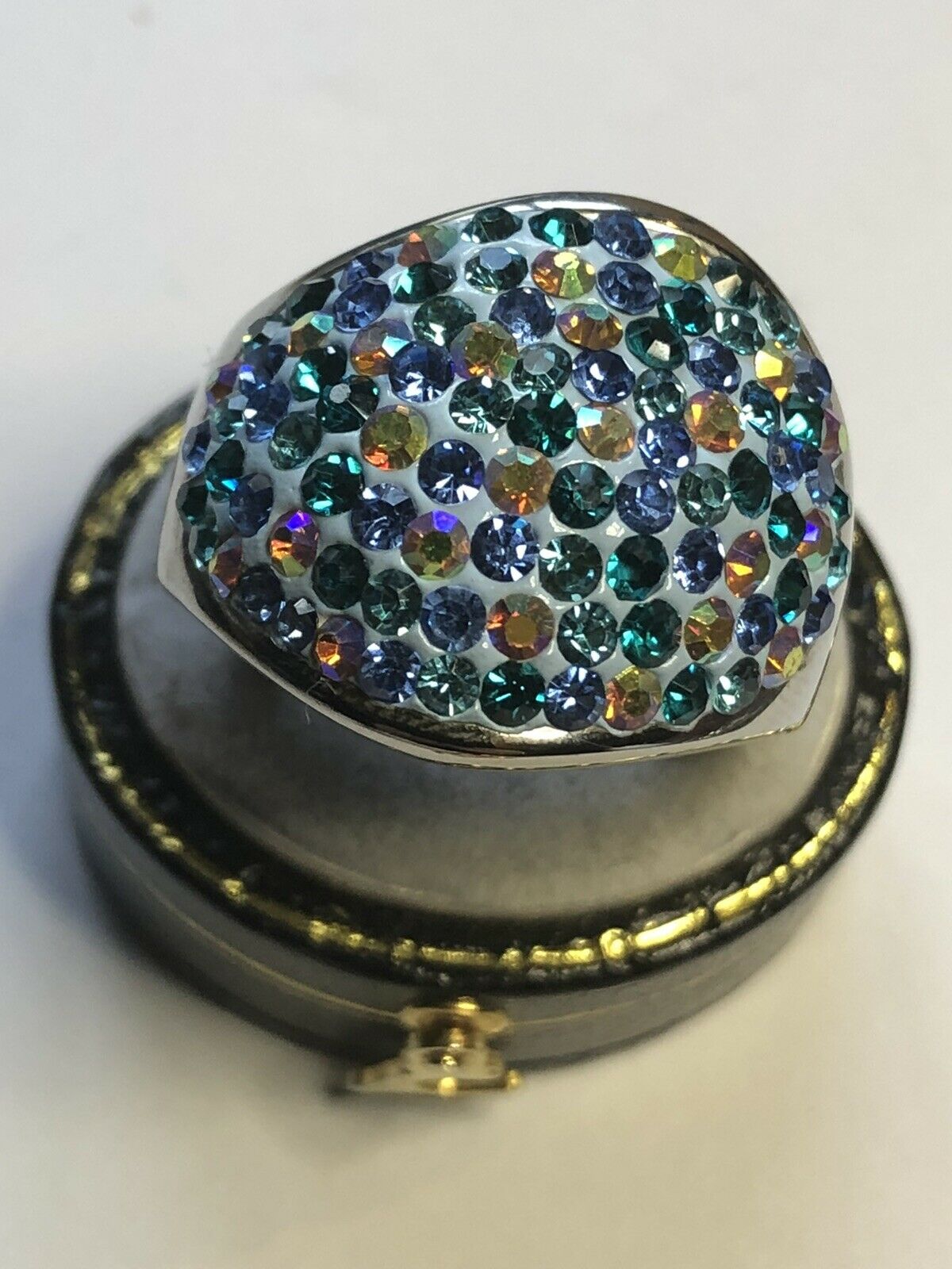 Vintage Rhodium Plated Blue Green Multicolour CZ Statement Ring