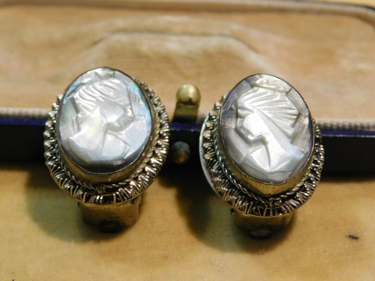 Vintage Old Carved Cameo Clip On Earrings