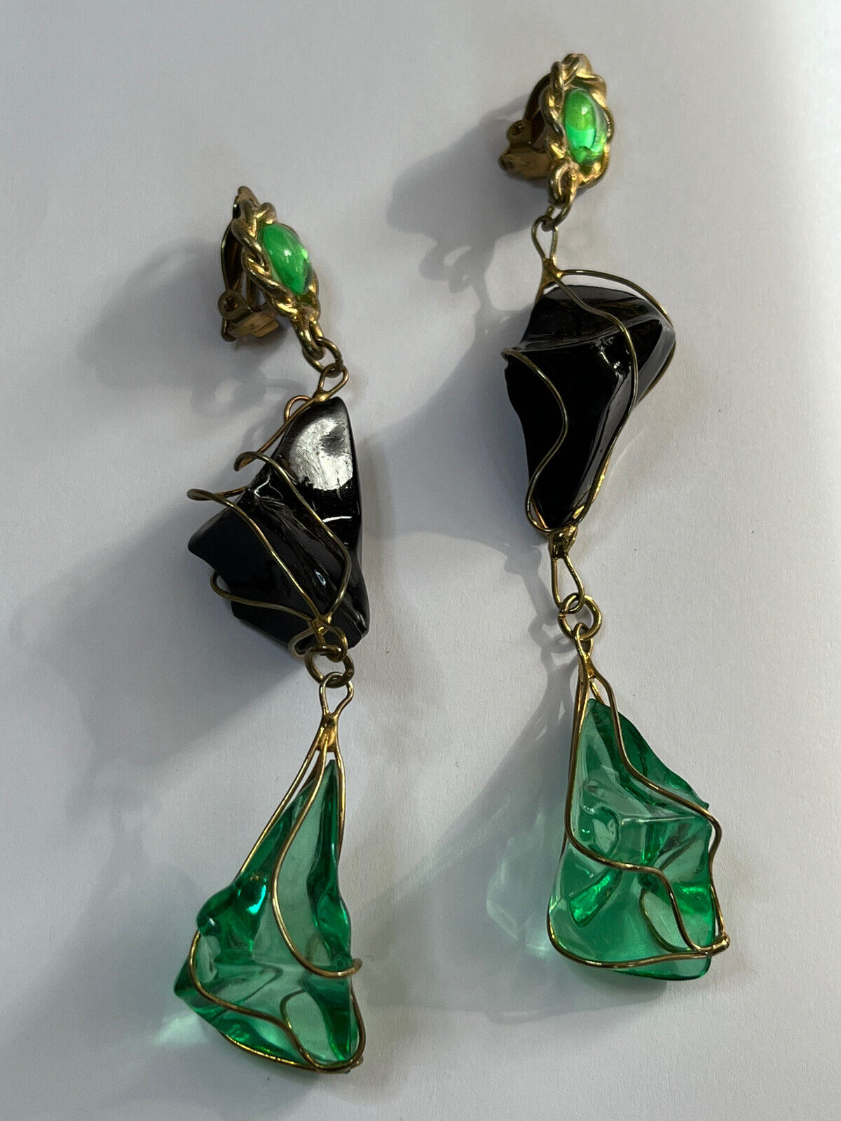 Vintage 1980s Black Green Acrylic Long Length Statement Earrings