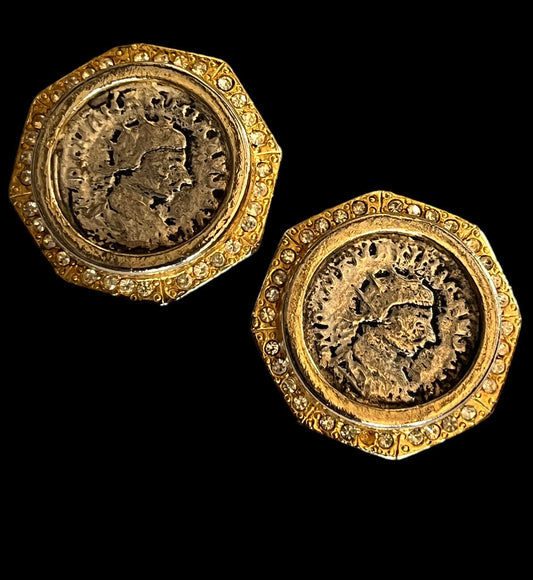 Vintage Gold Silver Tone Etruscan Coin Clip On Earrings Numbered