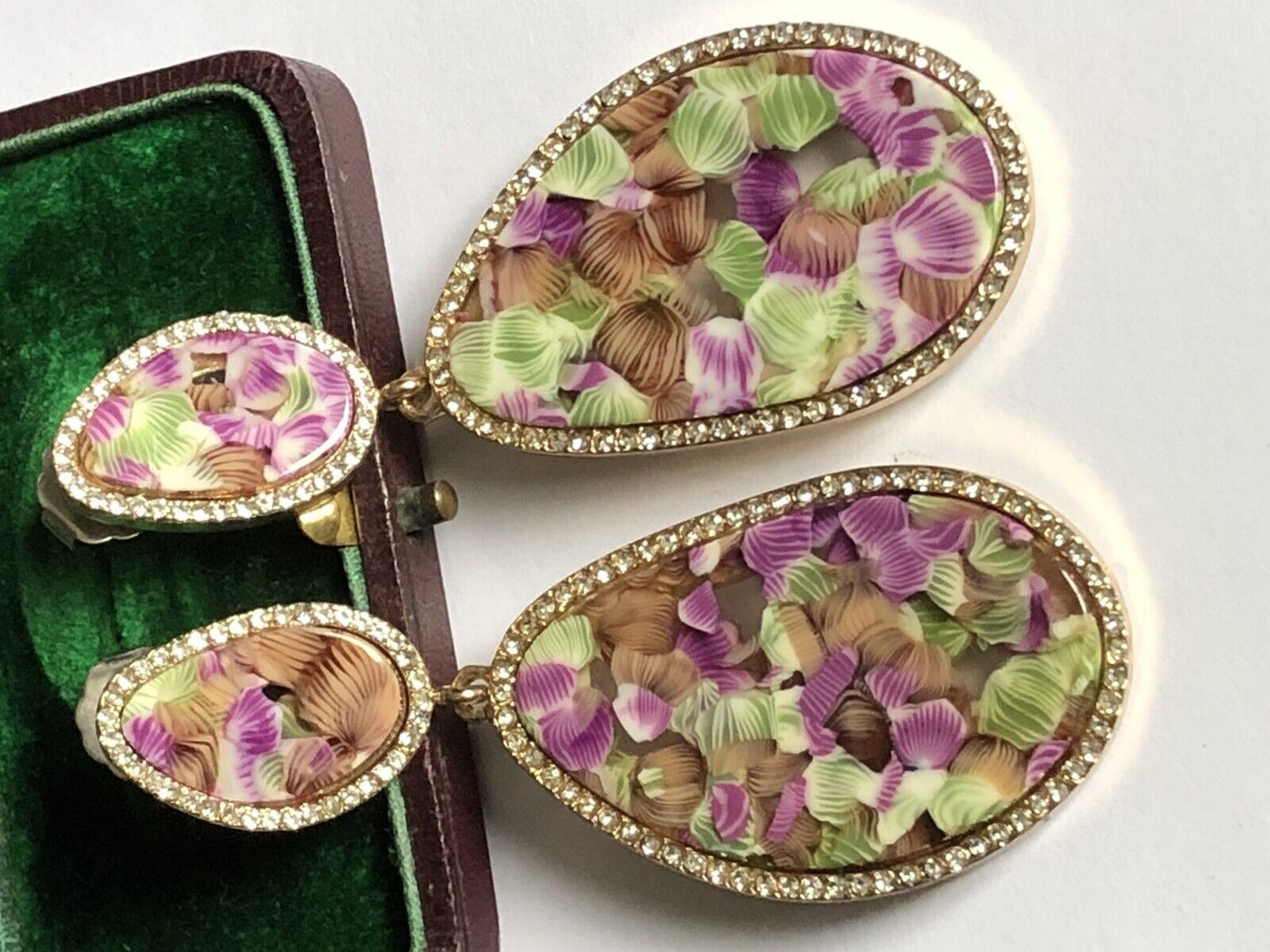Vintage Statement Pink Green Resin Diamanté Earrings