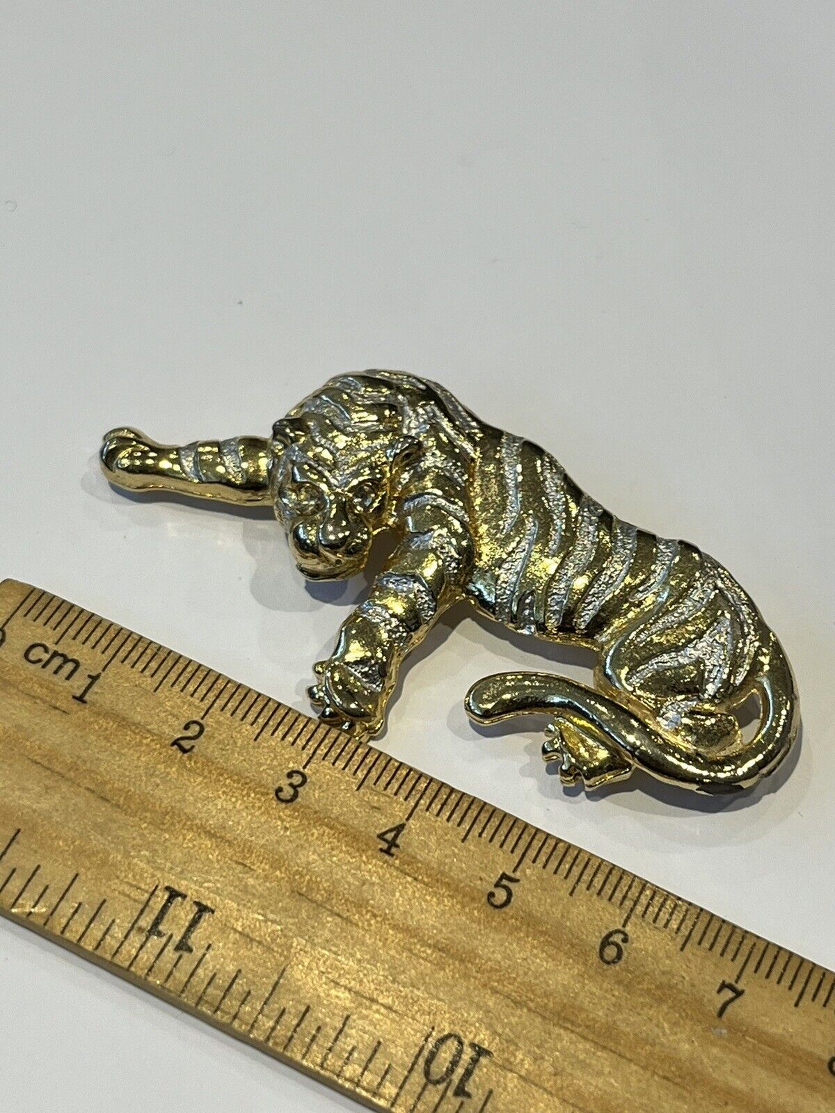 Vintage Gold Silver Tone Tiger Brooch