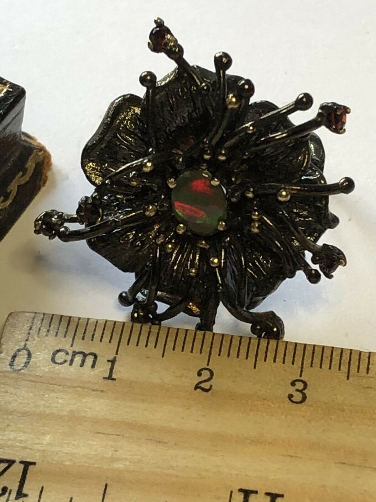 Vintage Gunmetal Silver 925 CZ and Black Opal Detailed Flower Ring Size N