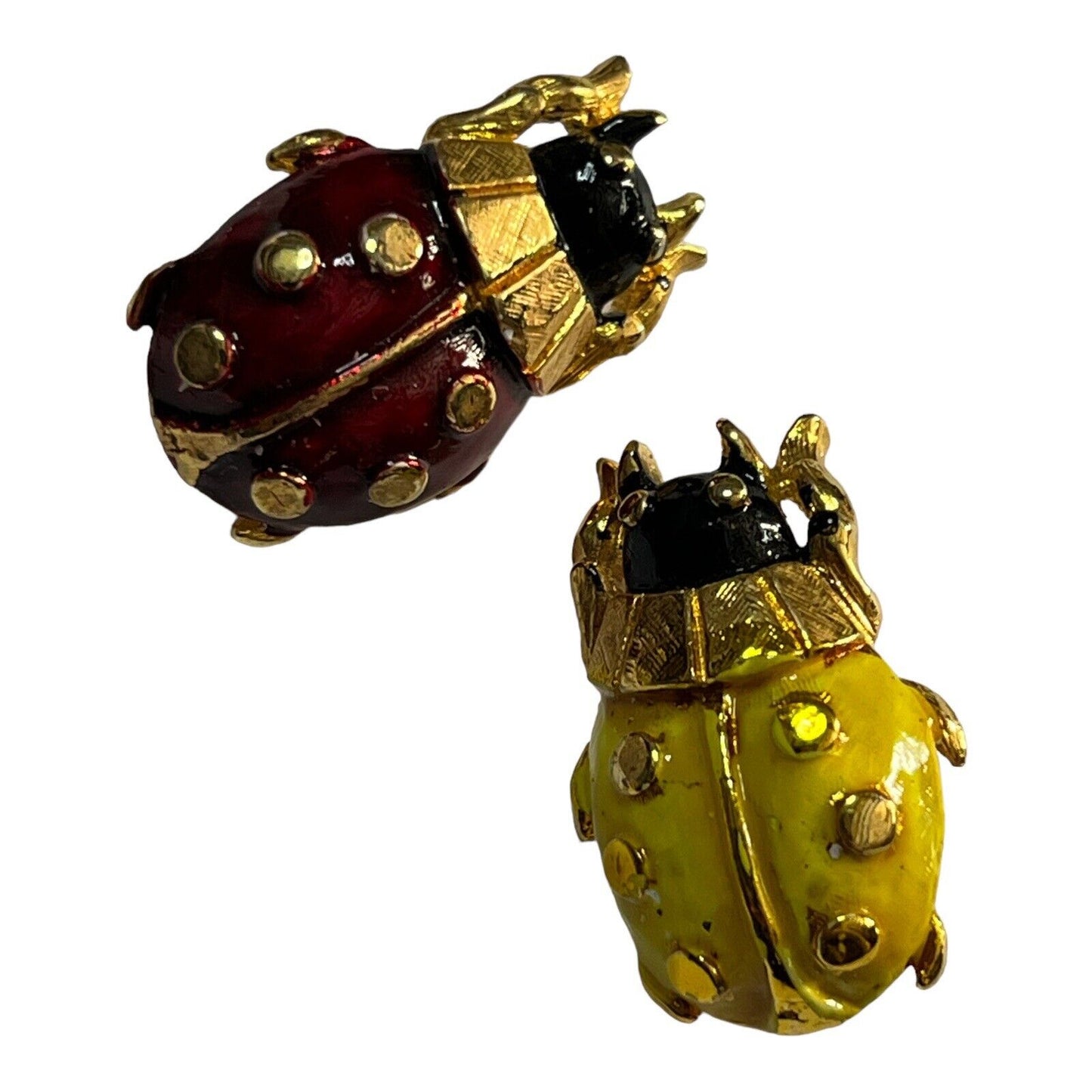 Vintage Ladybird Red Yellow Enamel Set Of 2 Brooches
