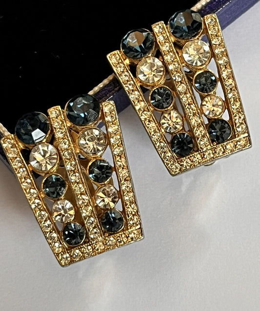 Vintage Gold Tone Blue Clear Diamanté Clip On Earrings
