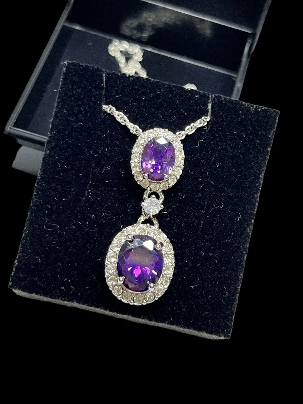 Vintage 1980s Rhodium Plated Purple Crystal Drop Necklace Boxed