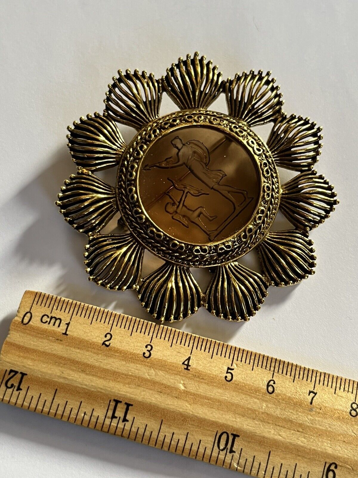 Vintage Gold Plated Etched Glass Pendant Brooch 18K Plated Chain