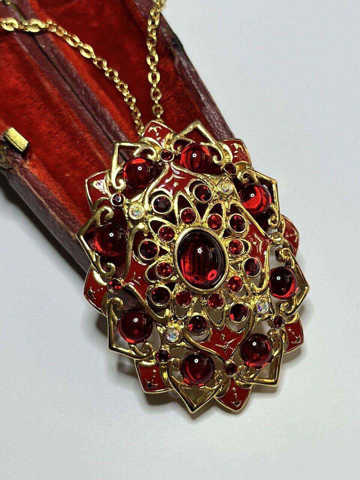 Vintage Red Cabochon Diamanté Gold Plated Pendant Necklace