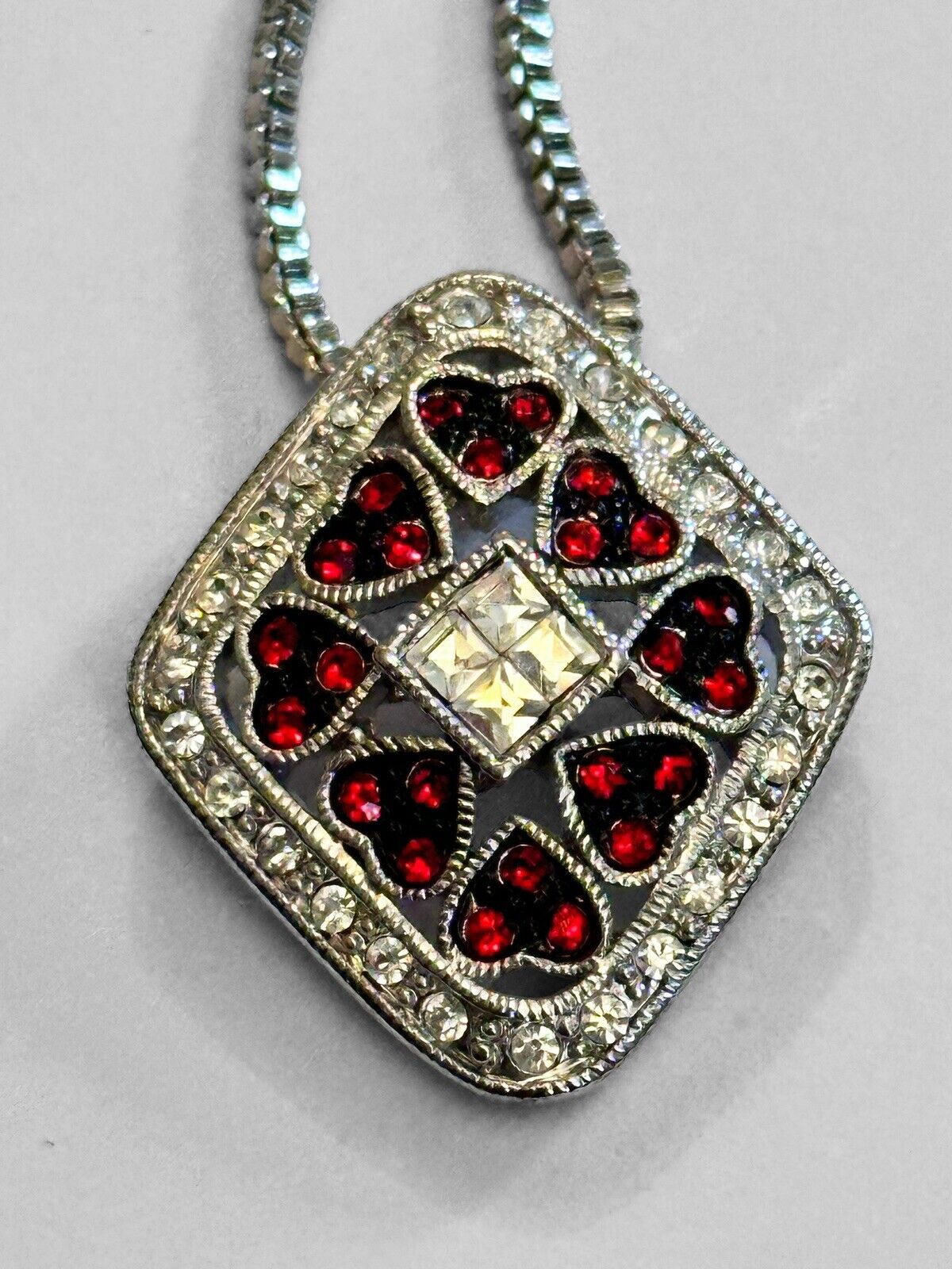 Vintage Silver Tone Red Hearts Diamanté Pendant Necklace