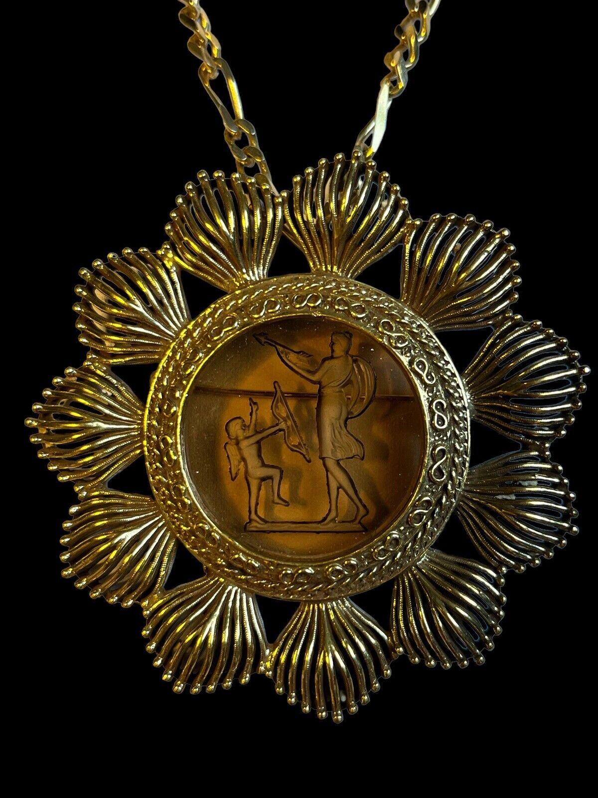 Vintage Gold Plated Etched Glass Pendant Brooch 18K Plated Chain