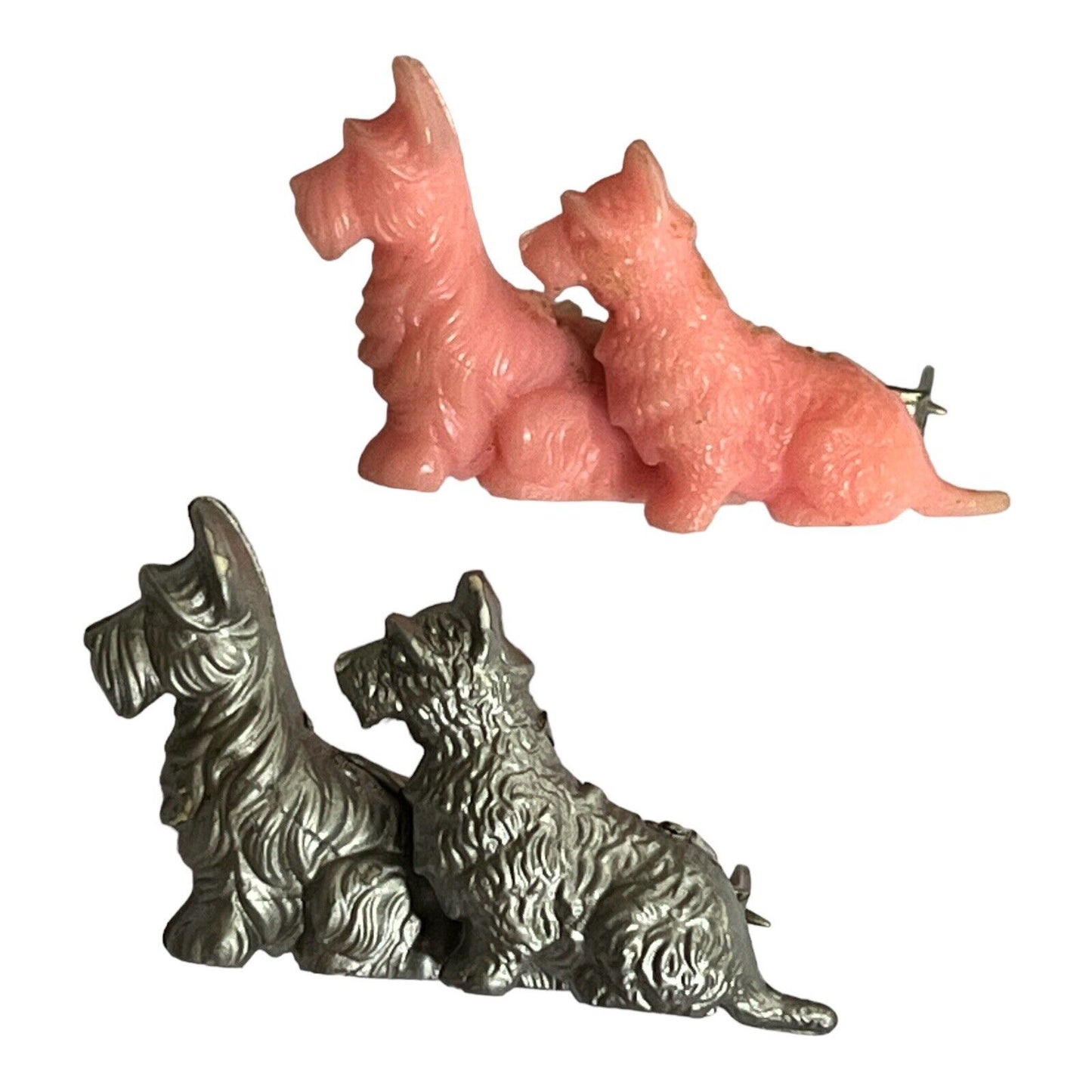 Vintage Pair Pink Silver Lucite Scottie Dog Brooches