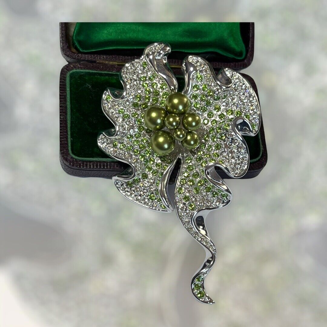 Vintage Statement Flower Rhodium Plated Green Faux Pearl And Diamanté Brooch