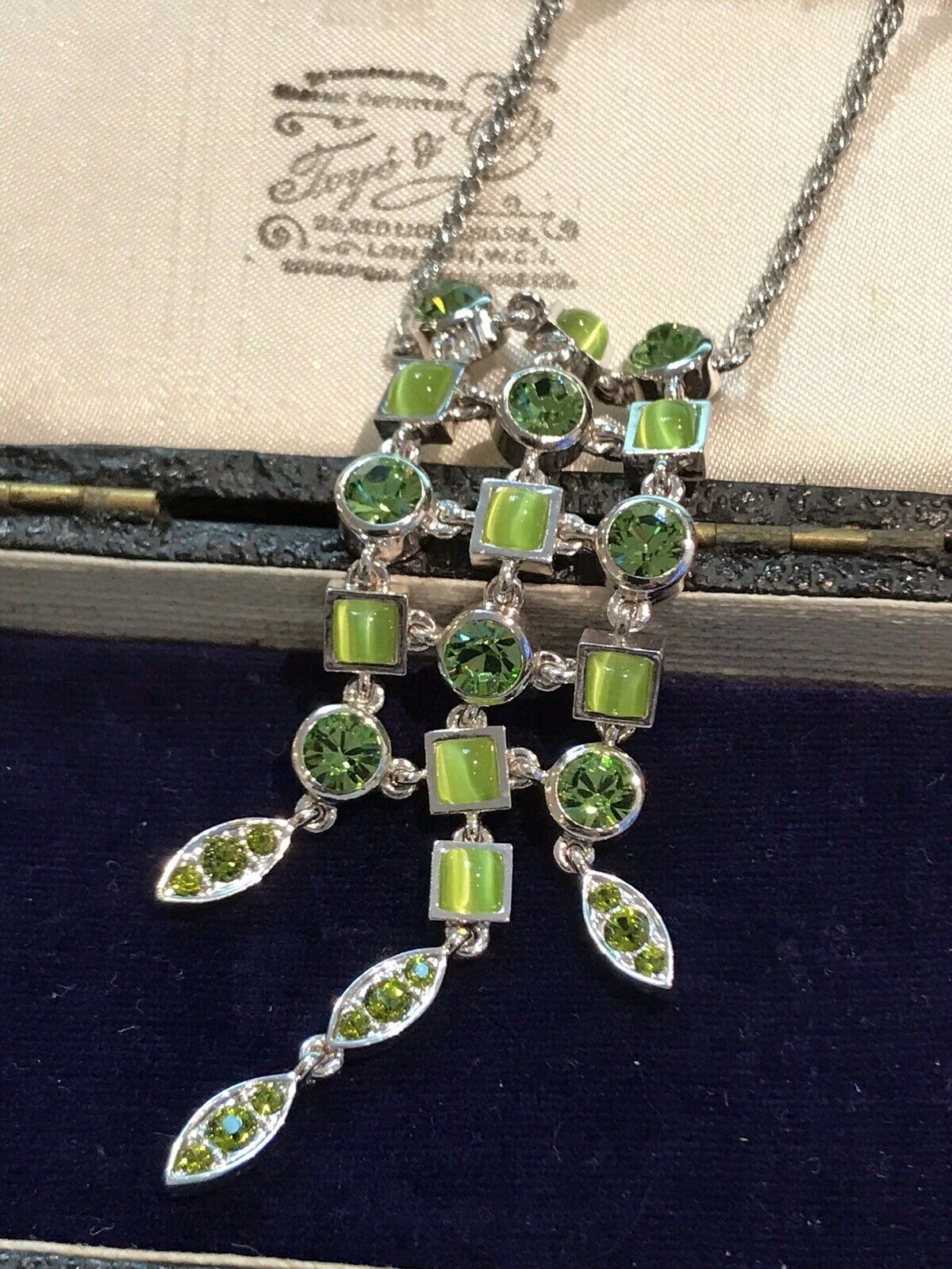 Green Stone Diamanté Drop Necklace 1980s