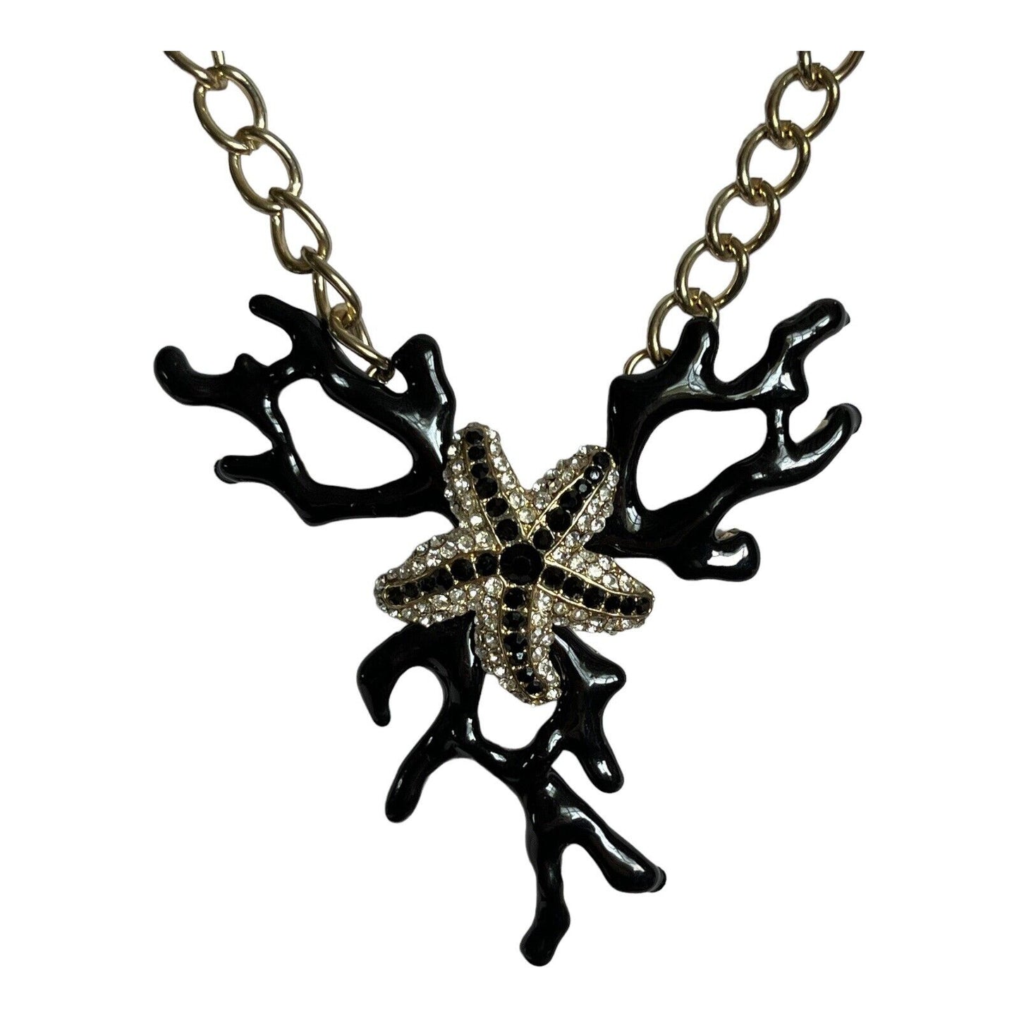 Vintage Black Coral Effect Starfish Diamanté Silver Tone Necklace