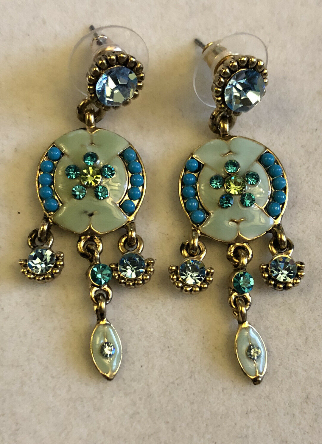 Vintage Enamelled Flowers Blue Greens Diamanté Drop Earrings