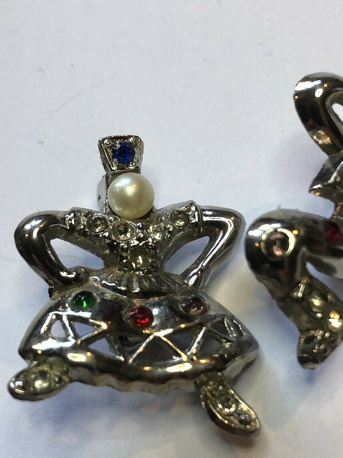 Vintage Silver Tone Diamanté Faux Pearl Dancing Pair Brooch Set