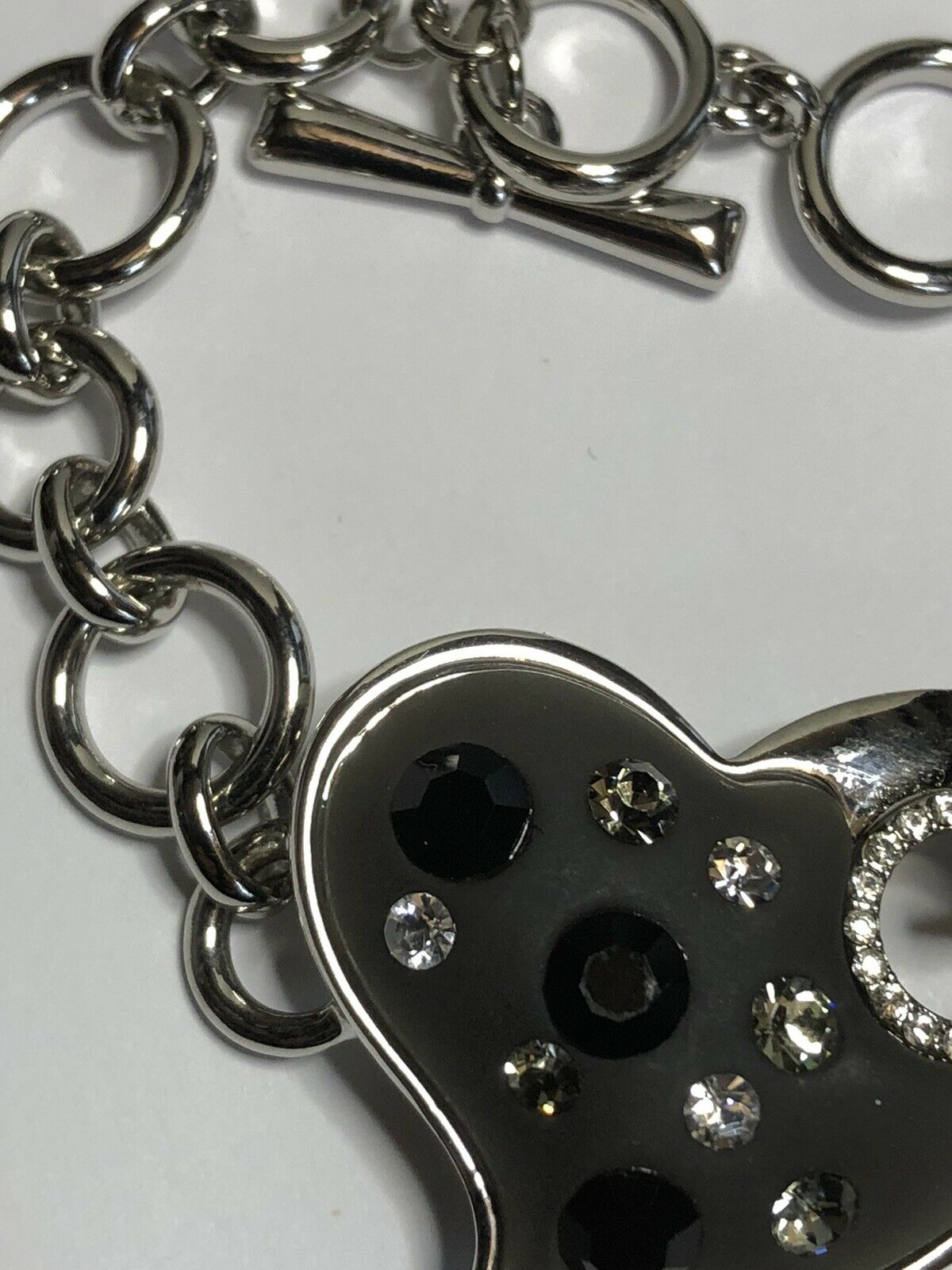 Vintage Silver Tone Glass Heart Diamanté Toggle Bracelet